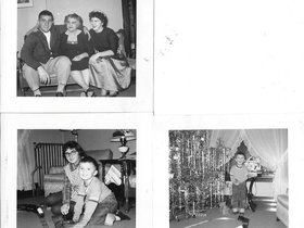 1953 Christmas - Dave, train set, Adele & Margaret.jpg